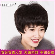 FESHFEN真發(fā)假發(fā)女短發(fā)全手織逼真透氣無菌內(nèi)網(wǎng)頭套中老年人假發(fā)