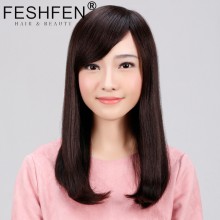 FESHFEN真發(fā)假發(fā)中長發(fā)梨花頭真人發(fā)絲時尚女士逼真機(jī)制手織頭套